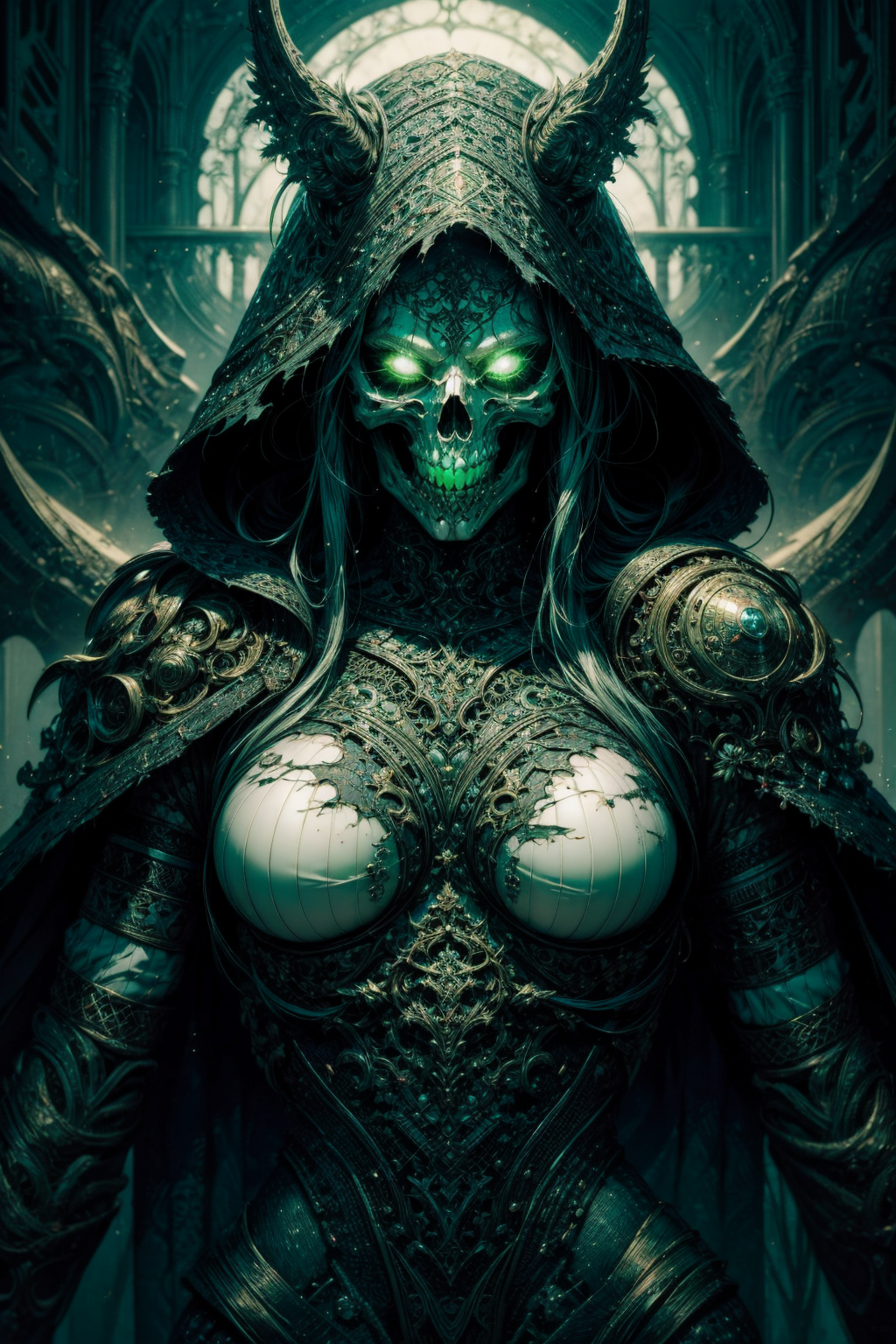 (masterpiece:1.1),  (intricate:1.1), (detailed:1.1), (ornate:1.1), (aesthetic:1.1), BREAK,
(horror:1.2), (grim:1.2), (creepy:1.1), BREAK,
(head and torso:1.2), (occultist:1.1), (standing:1.0), (hood:1.1), (skull face:1.0),  (robe:1.0), (wearing rags:1.1),  (torn clothes:1.2), (sinister:1.1), (emerald jewelry:1.0), BREAK,
(night:1.2), (dark:1.1), (fluorescent green:1.2), (glowing green:1.2), (fog:1.0), (swamp:1.1),(pestilence:1.0), (decaying:1.0), (corrupted:1.0), (unholy:1.0), (gloomy:1.0), (dripping ichor:1.1)