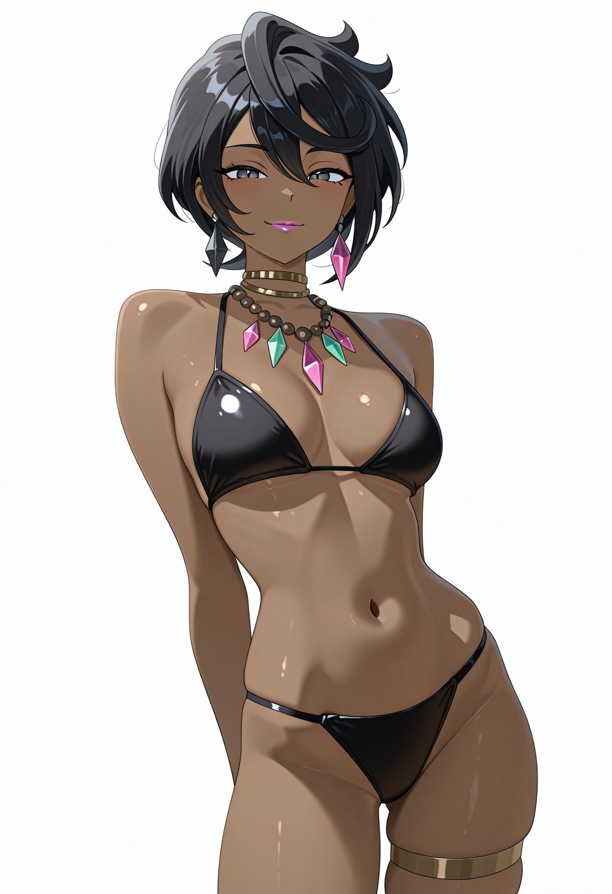 otokakoto, 1girl, solo, ol1via, dark skin, black hair, bikini, lipstick:0.4, smile, earrings, necklace, thigh band, looking at viewer, stomach, white background, absurdres, newest, masterpiece, top quality, best quality, <lora:OliviaPKMNSM:1><lora:otokakotostyleIL:1>