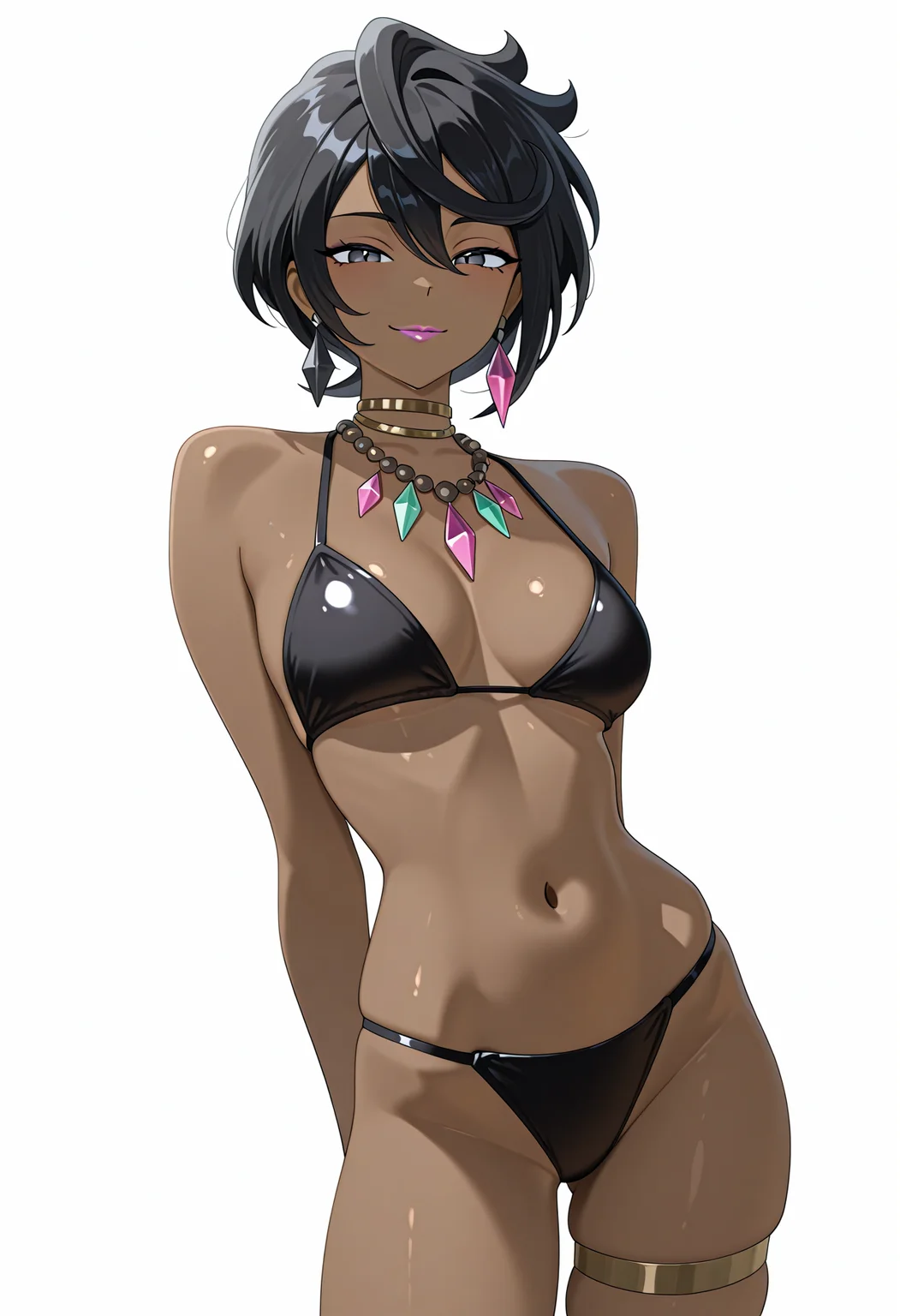 otokakoto, 1girl, solo, ol1via, dark skin, black hair, bikini, lipstick:0.4, smile, earrings, necklace, thigh band, looking at viewer, stomach, white background, absurdres, newest, masterpiece, top quality, best quality, <lora:OliviaPKMNSM:1><lora:otokakotostyleIL:1>