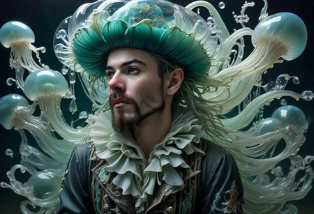 long mid shot portrait photography of an ethereal young pirate man, fairytale aesthetic. light green sheme, Photorealistic, intricate details, realism, sfw, ultrasharp, photography, floating, water, under water, jellyfish, haute couture, tentacles, bioluminescence