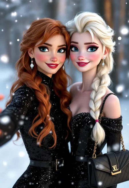 In this stylish depiction, Anna and Elsa from *Frozen* are enjoying a modern moment together, exuding glamour and warmth. Anna, with her long, wavy auburn hair and a chic black glittery outfit, is taking a selfie, capturing the joyous moment. Her confident smile and elegant accessories, such as dangling earrings, highlight her playful yet sophisticated personality. Beside her, Elsa shines with her signature platinum-blonde braid, dressed in a matching black off-shoulder outfit adorned with subtle icy patterns. She holds a luxury black purse bag, adding a casual and relatable touch to her regal aura. The snowy background complements their sparkle, blending their icy roots with a contemporary, festive atmosphere, showcasing the sisters’ bond in a glamorous and modern light.