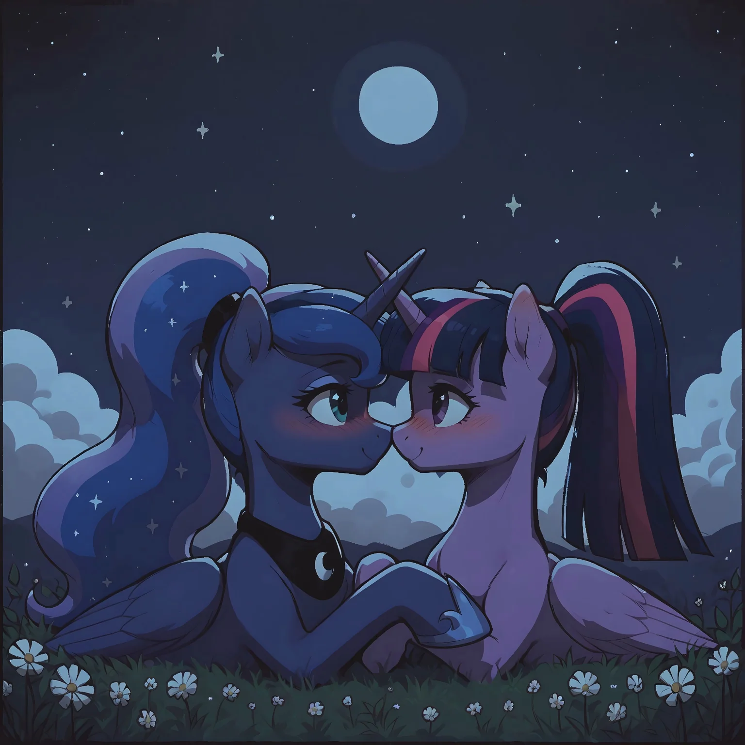 safe_pos, score_9, score_8_up, score_7_up, score_6_up, score_5_up, score_4_up, (thick outline: 1.0) princess luna, twilight sparkle, alicorn, cute, female, lesbian, looking at each other, mare, mare on mare, ponytail, hug, duo, (colored wingtips), love, blushing, boop, night, stars, outdoors