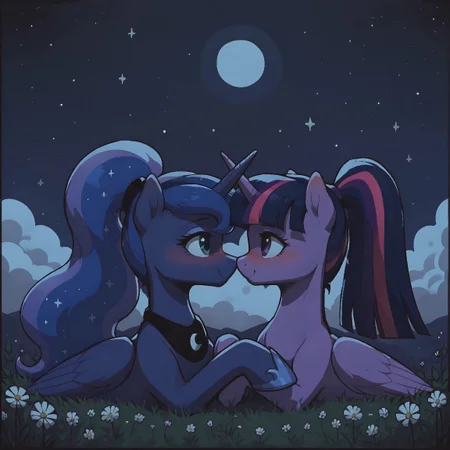 safe_pos, score_9, score_8_up, score_7_up, score_6_up, score_5_up, score_4_up, (thick outline: 1.0) princess luna, twilight sparkle, alicorn, cute, female, lesbian, looking at each other, mare, mare on mare, ponytail, hug, duo, (colored wingtips), love, blushing, boop, night, stars, outdoors