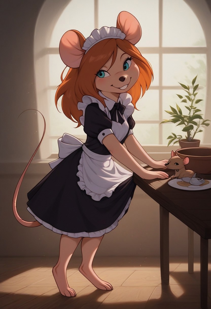 score_9, score_8_up, score_7_up, score_6_up, score_5_up, score_4_up, detaied background, indoors, (rich appartments:1,4),
Mouse girl, feral Mouse, feral, mouse ears, Mouse nose, Mouse tail, one tail, feral Mouse feet, feral Mouse legs, Desiree, wearing black Maid outfit, solo, standing, smile, Black nose, leaning the table