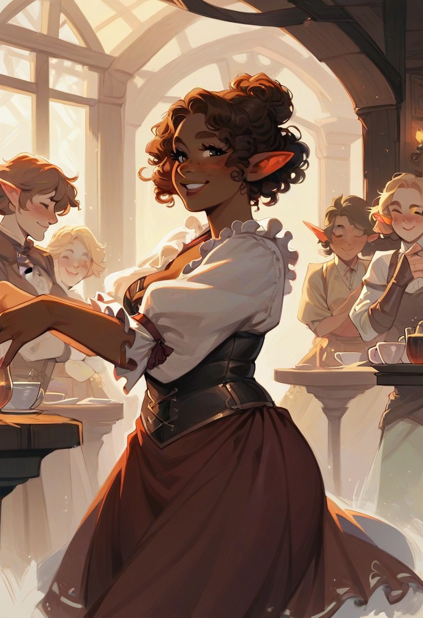 score_9, score_8_up, score_7_up, HD, female focus, solo, girl, dancing, pointed ears,((chubby ears)), tan skin, brown hair,curly hair,hair in a bun, brown eyebrows, freckles, (big lips:0.6), cute face,blush, Halfling ,short girl,  medieval rowed tavern,standing,dancing,happy, fantasy setting, ,holding,low height, Medium boobs
BREAK
score_9, score_8_up, score_7_up,