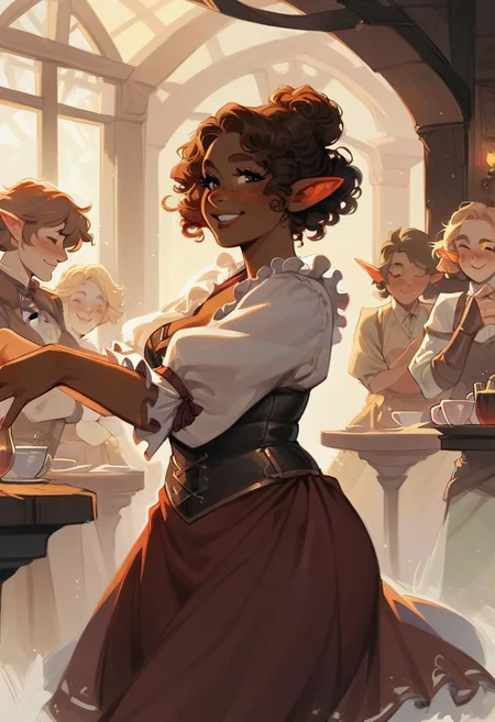 score_9, score_8_up, score_7_up, HD, female focus, solo, girl, dancing, pointed ears,((chubby ears)), tan skin, brown hair,curly hair,hair in a bun, brown eyebrows, freckles, (big lips:0.6), cute face,blush, Halfling ,short girl,  medieval rowed tavern,standing,dancing,happy, fantasy setting, ,holding,low height, Medium boobs
BREAK
score_9, score_8_up, score_7_up,