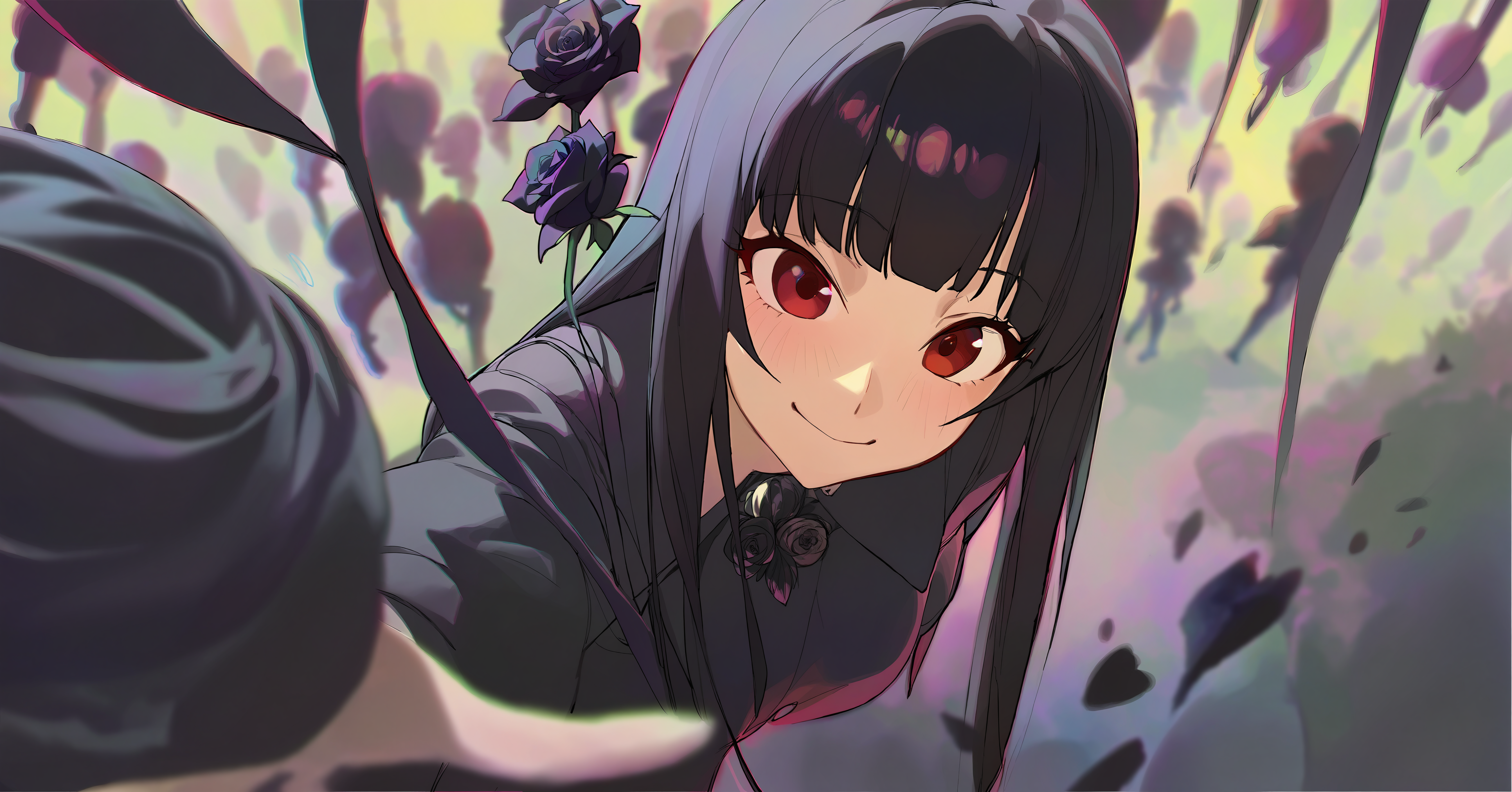 a girl surrounded by black rose, full body, scared, black long hair with blunt bangs, smile with face blush, aesthetic, beautiful color, (amazing quality:1.5), by modare, by ask, by ikky, depth of field, chromatic aberration, black theme