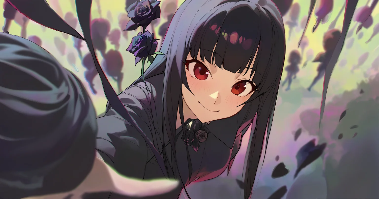 a girl surrounded by black rose, full body, scared, black long hair with blunt bangs, smile with face blush, aesthetic, beautiful color, (amazing quality:1.5), by modare, by ask, by ikky, depth of field, chromatic aberration, black theme