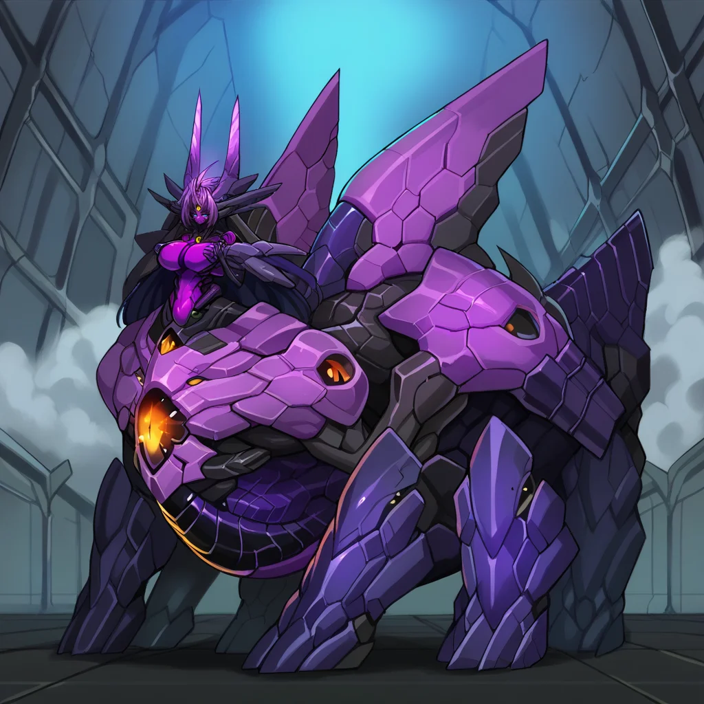 Score_9, score_8_up, score_7_up, score_6_up, score_5_up, score_4_up, source_anime, red demoness, glowing blue eyes, 1girl, solo, simple white backdrop, BREAK, machina, monster girl, mecha musume, (taur, purple gigantic mechanical body:1.4), dragon, wings, vehicle,BREAK, OverallDetailXL, <lora:Machina_Corruption_Omega_Processor_Pony_V2:1>