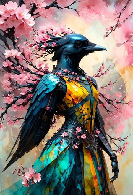 powerful artistic vision of Corvidfolk, cherry blossoms, dancer, beautiful, vibrant alcohol ink and, geometric patterns and glowing symbols, in the style of Ashley Wood, in the style of Sid Mead, of shifting light, energies intertwining, Volumetric and synthetic, enigmatic, Alienesque and enigmatic, suspended, melancholic and, with protruding sharp edges masterpiece, beautiful, best quality, absurd resolution, 8k, uhd, extreme details. breathtaking masterpiece made by great artist. best quality, high resolution, psychedelic style Corvidfolk, cherry blossoms, dancer, beautiful, vibrant alcohol ink and, geometric patterns and glowing symbols, in the style of Ashley Wood, in the style of Sid Mead, of shifting light, energies intertwining, Volumetric and synthetic, enigmatic, Alienesque and enigmatic, suspended, melancholic and, with protruding sharp edges masterpiece, beautiful, best quality, absurd resolution, 8k, uhd, extreme details . vibrant colors, swirling patterns, abstract forms, surreal, trippy