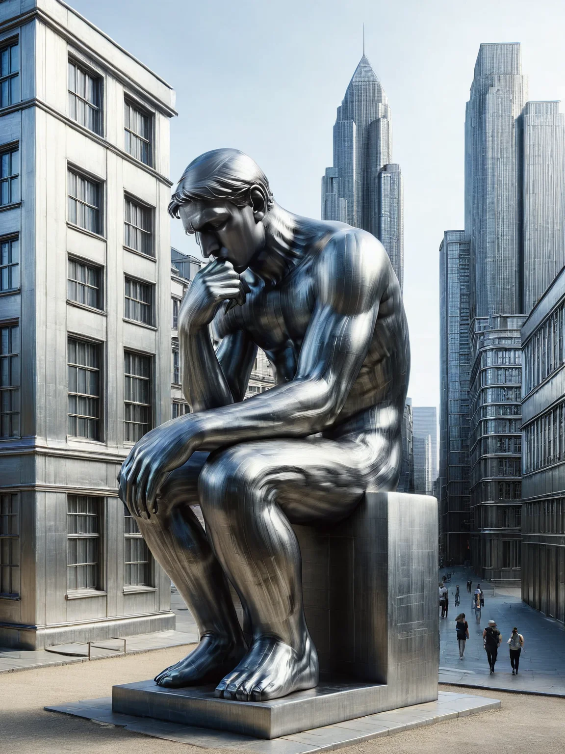 ais-steelz the thinker by Auguste Rodin surrounded by buildings <lora:Brushed_Steel_Style_SDXL:1>