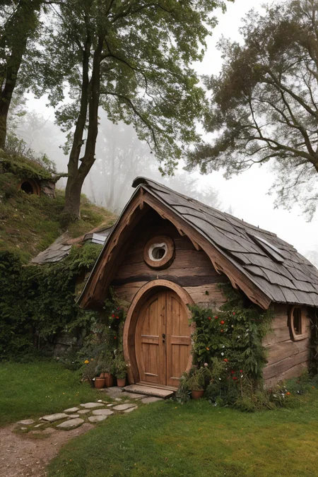 a medieval hobbit house, surrounded by trees,,90th photos from photo album, film, vintage style, flash from camera, hyper realistic,fine textures,high quality textures of materials, volumetric textures, natural textures, (natural colors, correct white balance, color correction, dehaze,clarity)
