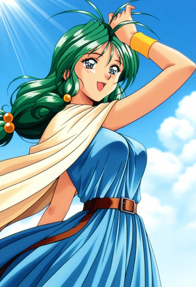 masterpiece, best quality, amazing quality, very aesthetic, high resolution, 1girl, cowboy shot, anime-style, digital art, high resolution, cute girl, smiling, sunlight, bright, clear sky, blue sky, clouds, daytime, outdoor, wind blowing her hair, dynamic pose, cheerful mood, light reflections, detailed background, high quality, beautiful, attractive, light rays, bright lighting, sky, joyful, happy, energetic, bright atmosphere, detailed shading, anime aesthetics, vibrant, lively, braid, jewelry, belt, cape, blue dress, wristband, retro artstyle, 1990s \(style\),
clairemm, blue eyes, green hair, antenna hair, long hair, low-tied long hair, hair bobbles, medium breasts, mature female,