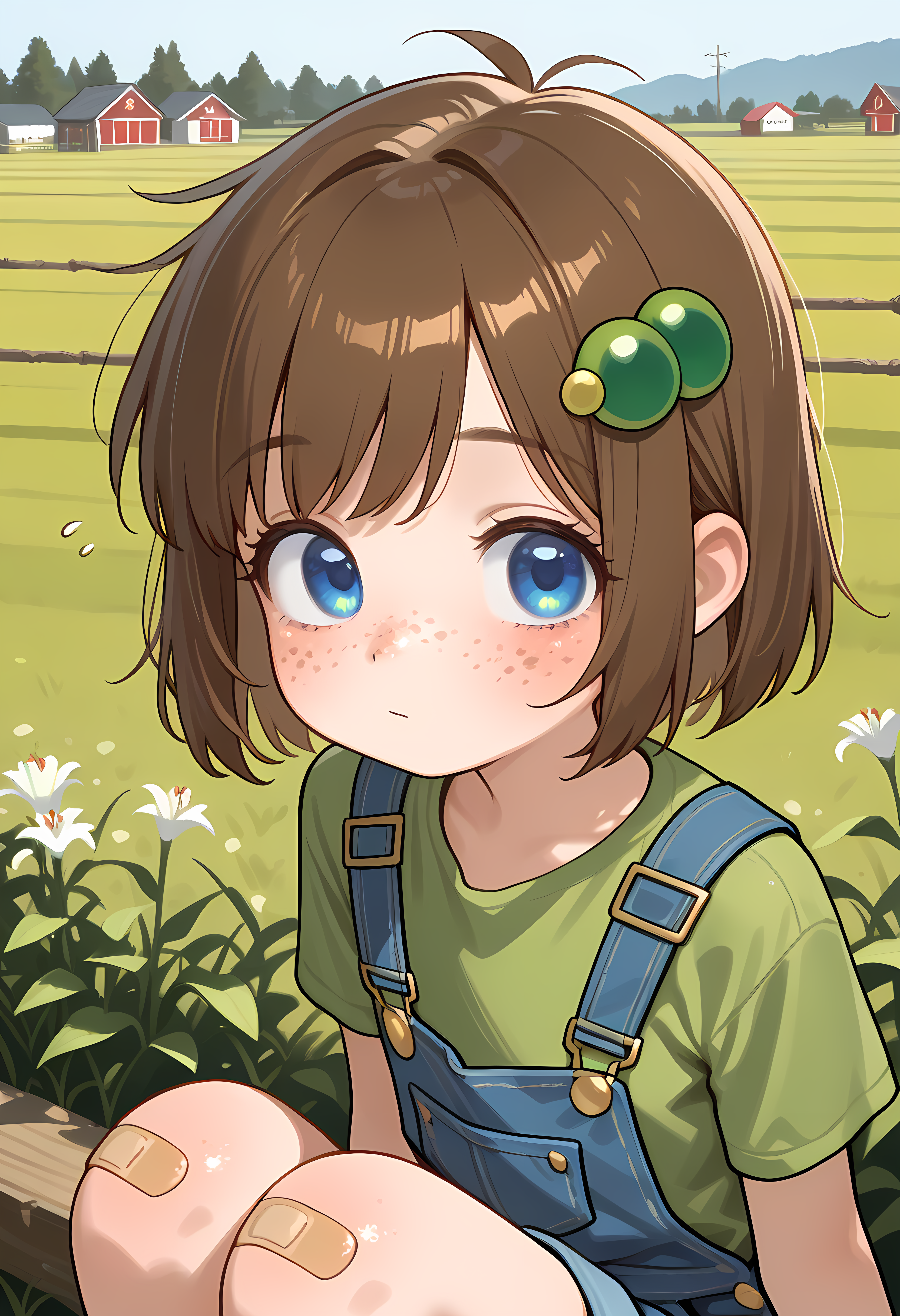 <lora:add-detail-xl:1>,masterpiece,best quality,amazing quality,very aesthetic,absurdres,newest,huge filesize,<lora:spo_sdxl_10ep_4k-data_lora_webui:0.5>,1girl, freckles, brown hair, bandaid, blue eyes, , short hair, hair ornament, bandaid on knee, face focus,farm background,Lily Hopkins, <lora:lily_hopkins_ill:0.8>,,flat chest,,blue overalls,green shirt,