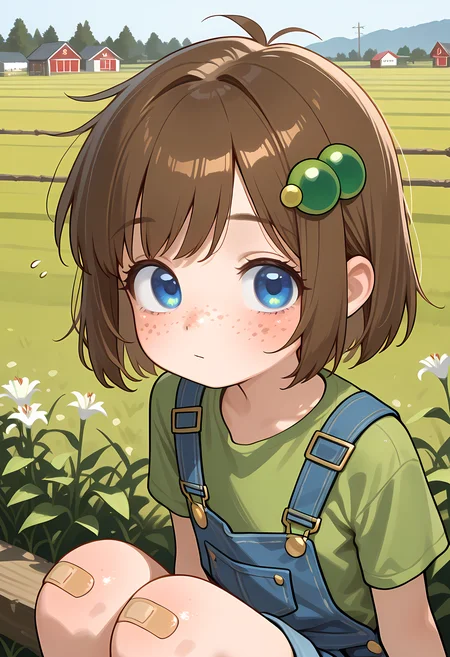 <lora:add-detail-xl:1>,masterpiece,best quality,amazing quality,very aesthetic,absurdres,newest,huge filesize,<lora:spo_sdxl_10ep_4k-data_lora_webui:0.5>,1girl, freckles, brown hair, bandaid, blue eyes, , short hair, hair ornament, bandaid on knee, face focus,farm background,Lily Hopkins, <lora:lily_hopkins_ill:0.8>,,flat chest,,blue overalls,green shirt,