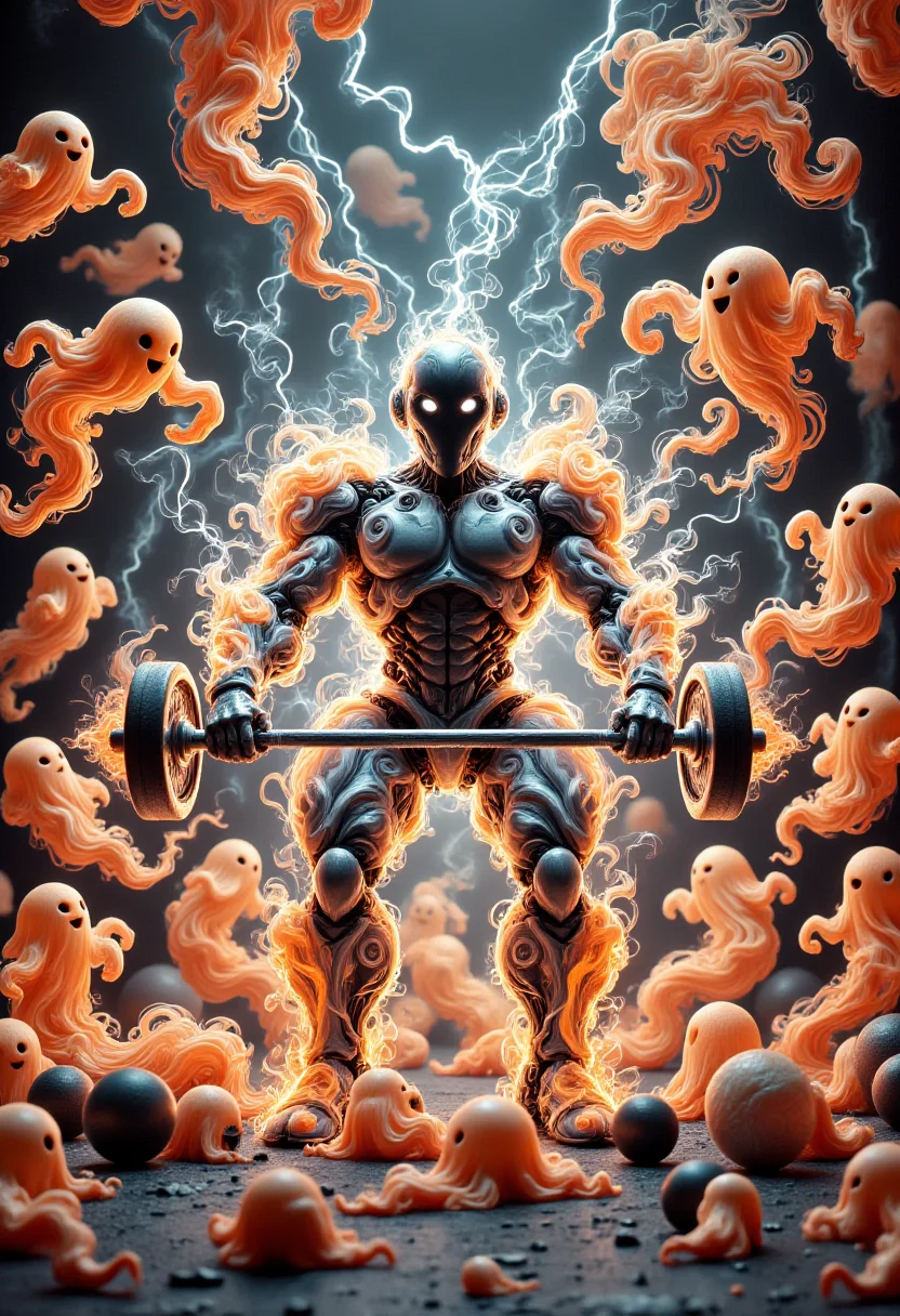 aidmafluxpro1.1, SW1RLYGH0ST, a robot made of orange ghosts is lifting weights inside a gym. The theme is glowing orange, electricity and surreal, recreating a feeling of industrial industry.