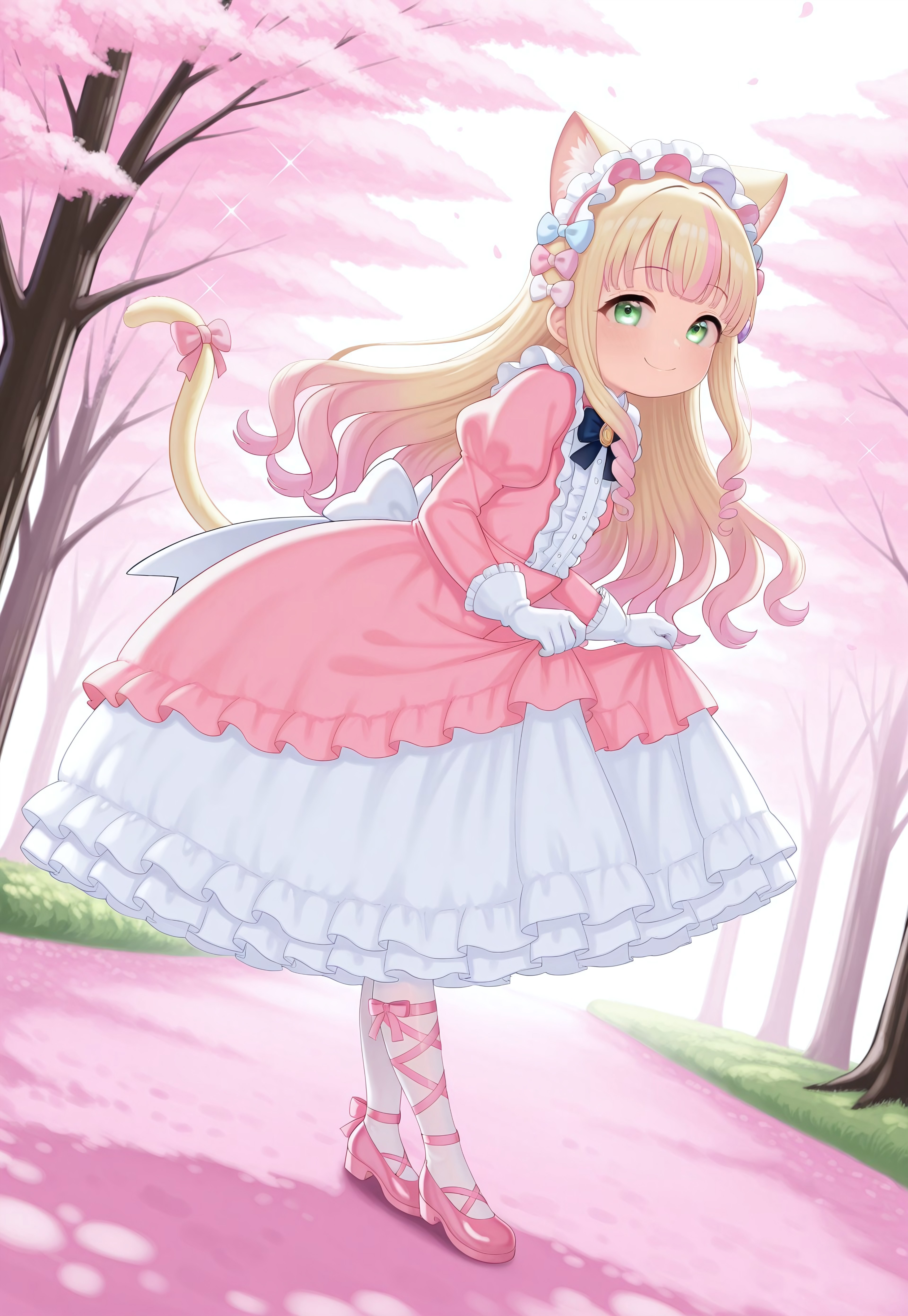 atg_(wttoo0202) , 1girl, catgirl, green eyes, blonde cat ears, blonde cat tail, blonde hair, two-tone hair, gradient hair, multicolored hair, pink tips, pink highlights, pink streaks, masterpiece, best quality, absurdres, 
(pastel theme, lolitafashion:1.2), pastel lolitafashion, sweet lolitadress, shiny lolitadress, victorian dress, kawaii, cute, moe, puffy padded dress, petticoat, puffy sleeves, pastel colors, pastel pink, pastel blue, frilled wide skirt, white pantyhose, pastel dress, puffy sleeves, gloves, pastel headdress, many bows, multiple bows, ribbons, frills, frilled fabric, center frills, sparkles, glitter, cute lolitashoes, leg ribbon, tail ornament, tail ribbon, tail bow,
outdoors, nature, park, cherry blossom trees,
(solo:1.2), from side, full body, dynamic pose, dutch angle, looking at viewer, happy smile, curtsey, skirt hold, watson cross, bowing, leaning forward,
intricate, highly detailed, majestic, shallow depth of field, movie still, circular polarizer