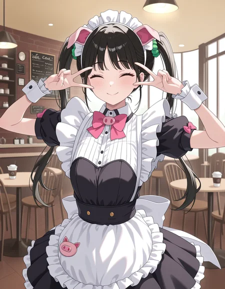 1girl, solo, yumechiAMW, black hair, twintails, green scrunchie, smile, (closed eyes:0.8), maid headdress, fake animal ears, pig ears, maid uniform, pink bow, (white wrist cuffs:1.2), double v, v over eye, indoors, cafe, volumetric lighting, masterpiece, best quality, very aesthetic <lora:yumechi_amw_illustrious_v1:0.8>
