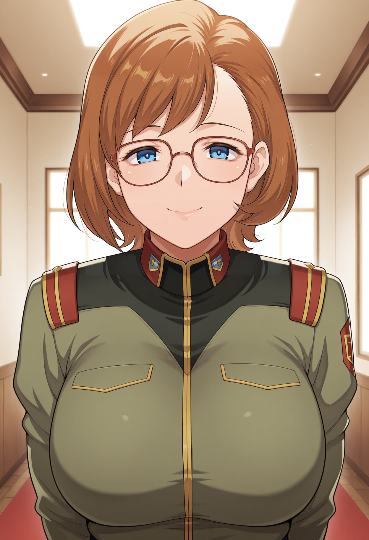 1girl,solo,mm,mature female,glasses,short hair,large breasts,brown hair,blue eyes,
uniform,military uniform,upper body, looking at viewer, smile,indoors
,masterpiece,best quality,amazing quality,<lora:Usurai_Amiez-Gundam_F90FF:0.8>