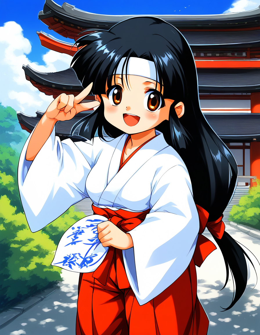 score_9, score_8_up, score_7_up, source_anime, rating_explicit, BREAK  <lora:Sayo-chan_TsukiyoSoushi_XL:0.8> Sayo-chan_TsukiyoSoushi, long hair, black hair, white headband, brown eyes, low-tied long hair, parted bangs, short stack,
japanese clothes, solo, ofuda, open mouth, red hakama, hakama,  wide sleeves, skirt, long sleeves, 
looking at viewer, smile,
scenery, outdoors, architecture, east asian architecture, sky