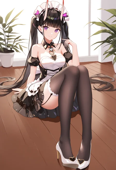 noshiro \(azur lane\), multicolored horns, red-white horns, oni, 1girl, solo, thighhighs, purple eyes, black hair, maid headdress, long hair, feet, looking at viewer, shoes, sitting, toes, twintails, garter straps, white footwear, oni girl, very long hair, hand in own hair, breasts, black thighhighs, knees up, indoors, black garter straps, full body, bare shoulders, smile, wooden floor, blunt bangs, hand up, maid, black skirt, legs, short sleeves, on floor,
score_9, score_8_up, score_7_up, extremely detailed, masterpiece, best quality, very aesthetic, absurdres
<lora:oni_girl_concepts_v2:1>