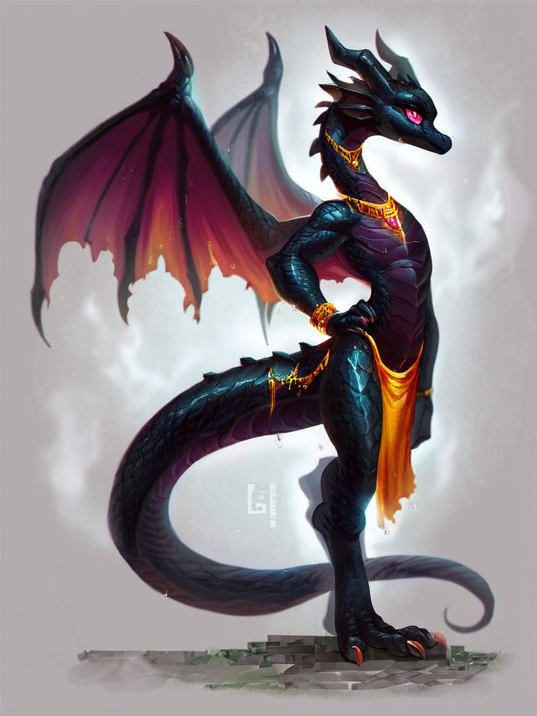 score_9, score_8_up, score_7_up, score_6_up, score_5_up, score_4_up, rating_safe, source_furry, (minecraft:1.25), solo (curvy figure (ender dragon), wet skin, black scales, black body, claws, big eyes, magenta eyes, membranous wings), (standing, golden loincloth, jewelry, hand on hip:1.35), (flat chested, three-quarter view, full-length portrait:1.25), BREAK, (the end \(minecraft\), night, castle:1.25), (storm, steam, glowing, crystal, yellow light, blue light, fire)<lora:Pony_DetailV1.0:1.0>