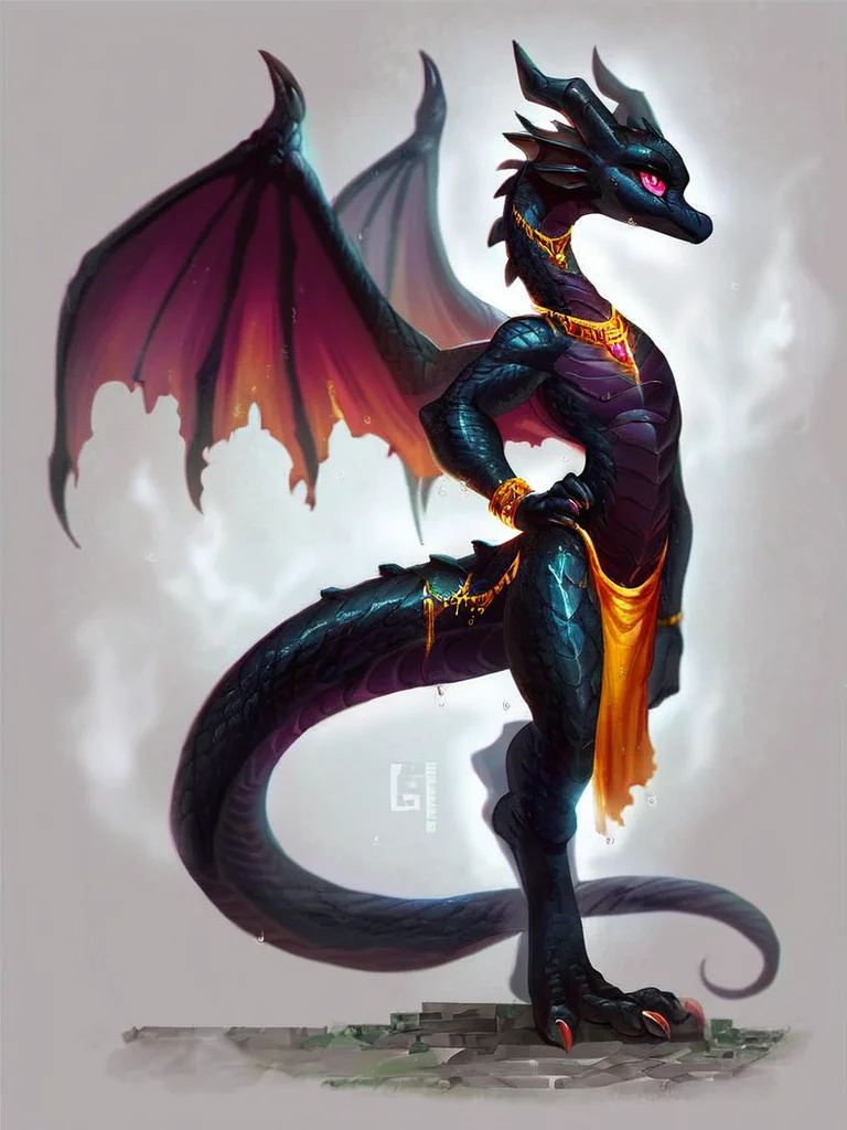 score_9, score_8_up, score_7_up, score_6_up, score_5_up, score_4_up, rating_safe, source_furry, (minecraft:1.25), solo (curvy figure (ender dragon), wet skin, black scales, black body, claws, big eyes, magenta eyes, membranous wings), (standing, golden loincloth, jewelry, hand on hip:1.35), (flat chested, three-quarter view, full-length portrait:1.25), BREAK, (the end \(minecraft\), night, castle:1.25), (storm, steam, glowing, crystal, yellow light, blue light, fire)<lora:Pony_DetailV1.0:1.0>
