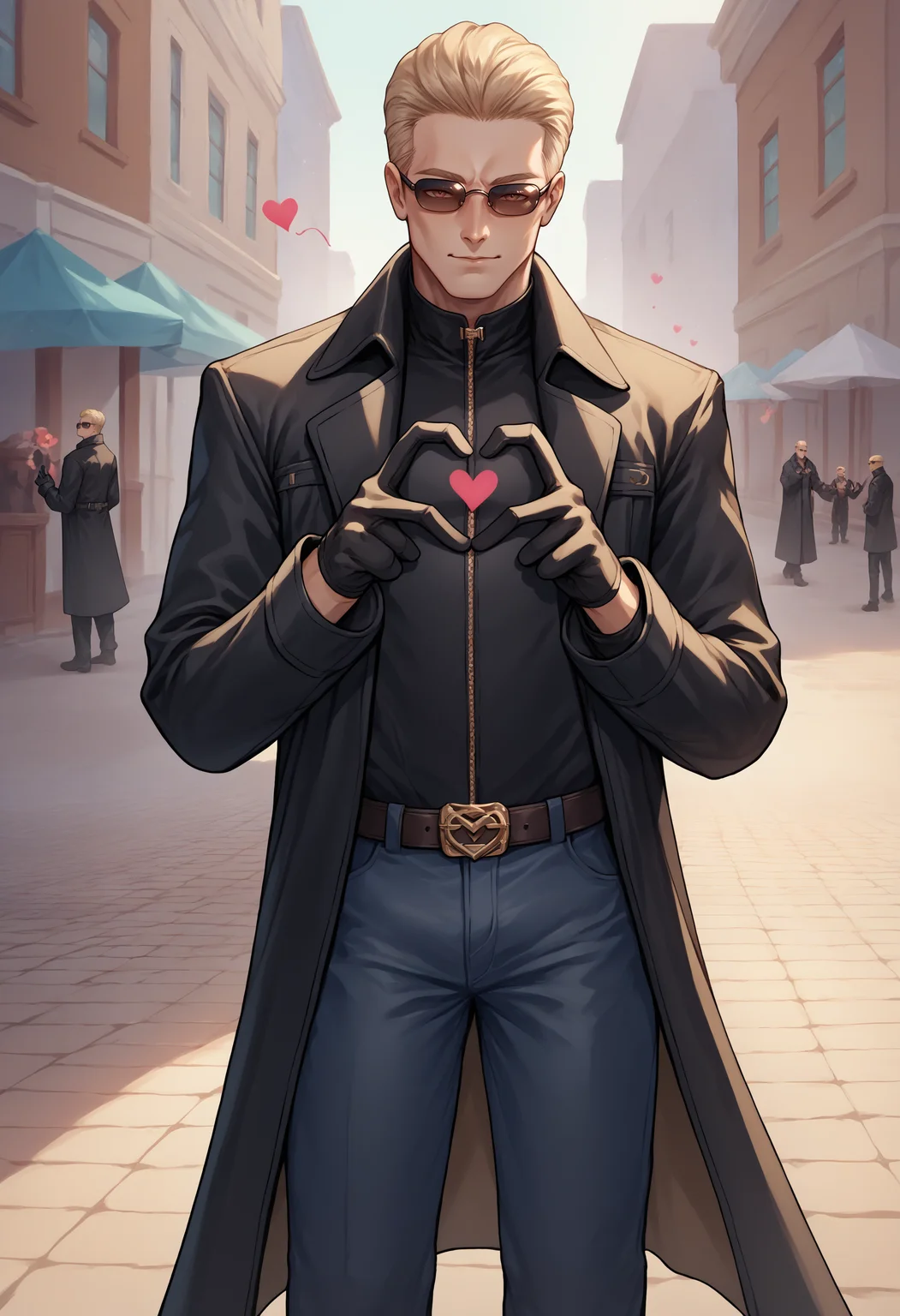 score_9, score_8_up, score_7_up, 4-finger heart hands, heart hands, heart, <lora:FourFingerHeartHands_pdxl_Incrs_v1:1>, 1boy, <lora:albertwesker-guy-PONYv1:1> albertwesker, black gloves, sunglasses, belt, pants, long coat, trench coat, black coat,