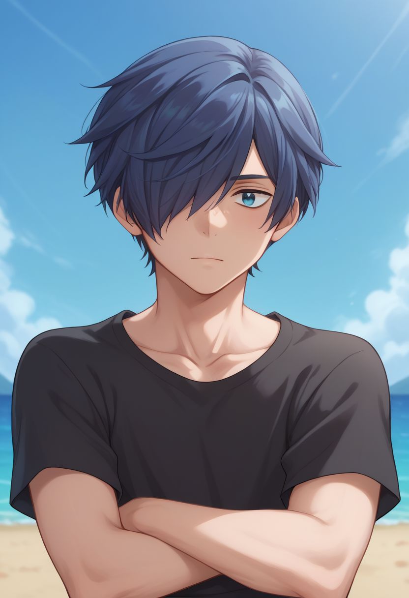 score_9, score_8_up, source_anime, highly detailed, 1boy, 
toi, 1boy, male focus, hair over one eye, solo, blue eyes, shirt, blue hair, black shirt, collarbone, t-shirt, upper body, rolled up sleeves,
outdoor,