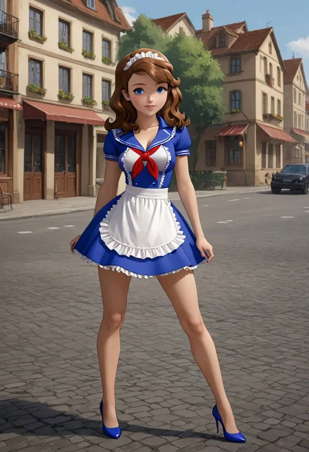 18 years old,medium breast, at town,high quality, 8k,best quality, HD, sexy pose, 1girl, long hair, brown hair, blue eyes,sofia_the_first, provocative , SovietSchoolgirlUniform, frilled apron, frilled hair scrunchie, red neckerchief, big cleavage,  short dress, stiletto heels,