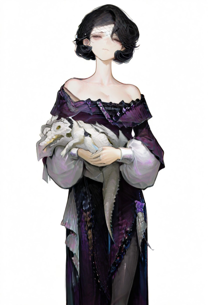 masterpiece, best quality, amazing quality, very aesthetic, absurdres, newest, volumetric lighting, female, female focus, simple background, white background, full body,1 girl, solo female,tuesday(MH),black hair,purple dress,cowboy shot,silk,bare shoulders,black pantyhose,short hair,white crocodile,