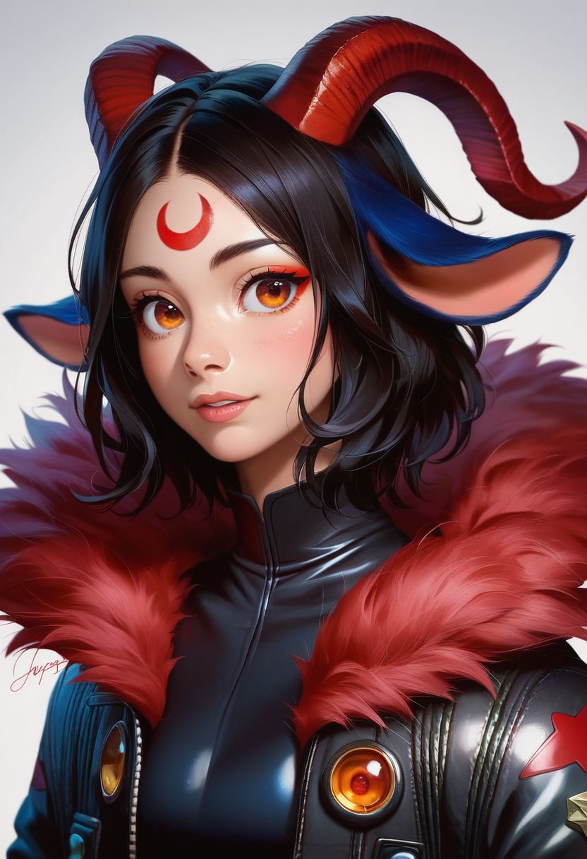Aluki, 1 girl, solo, jet black hair, orange eyes, short black goat ears only, red goat horns, medium hair, orange eyes, red eyes, multicolor eyes, blue eyeliner, no human ears, 2 red wing, only moon mark on forehead, no wings on the head,only red wings on the back,1 whisker black marks, highly detailed , score_9, score_8_up, score_7_up, score_6_up, coat white, bonk