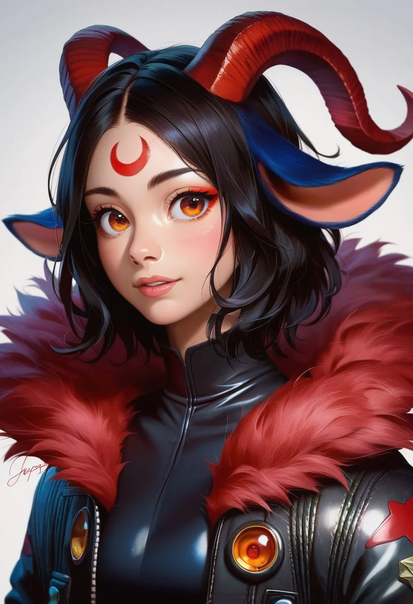 Aluki, 1 girl, solo, jet black hair, orange eyes, short black goat ears only, red goat horns, medium hair, orange eyes, red eyes, multicolor eyes, blue eyeliner, no human ears, 2 red wing, only moon mark on forehead, no wings on the head,only red wings on the back,1 whisker black marks, highly detailed , score_9, score_8_up, score_7_up, score_6_up, coat white, bonk