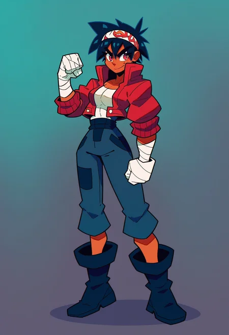 score_9, score_8_up, score_7_up, score_6_up, score_5_up, score_4_up, BREAK
1girl, solo, red eyes, headband, short hair, pants, dark skin, boots, jacket, red jacket, black hair, dark-skinned female, clenched hands, gloves, simple background, full body, bandages, breasts, smile, blue hair, standing, black footwear
 <lora:groovysmooth:1>