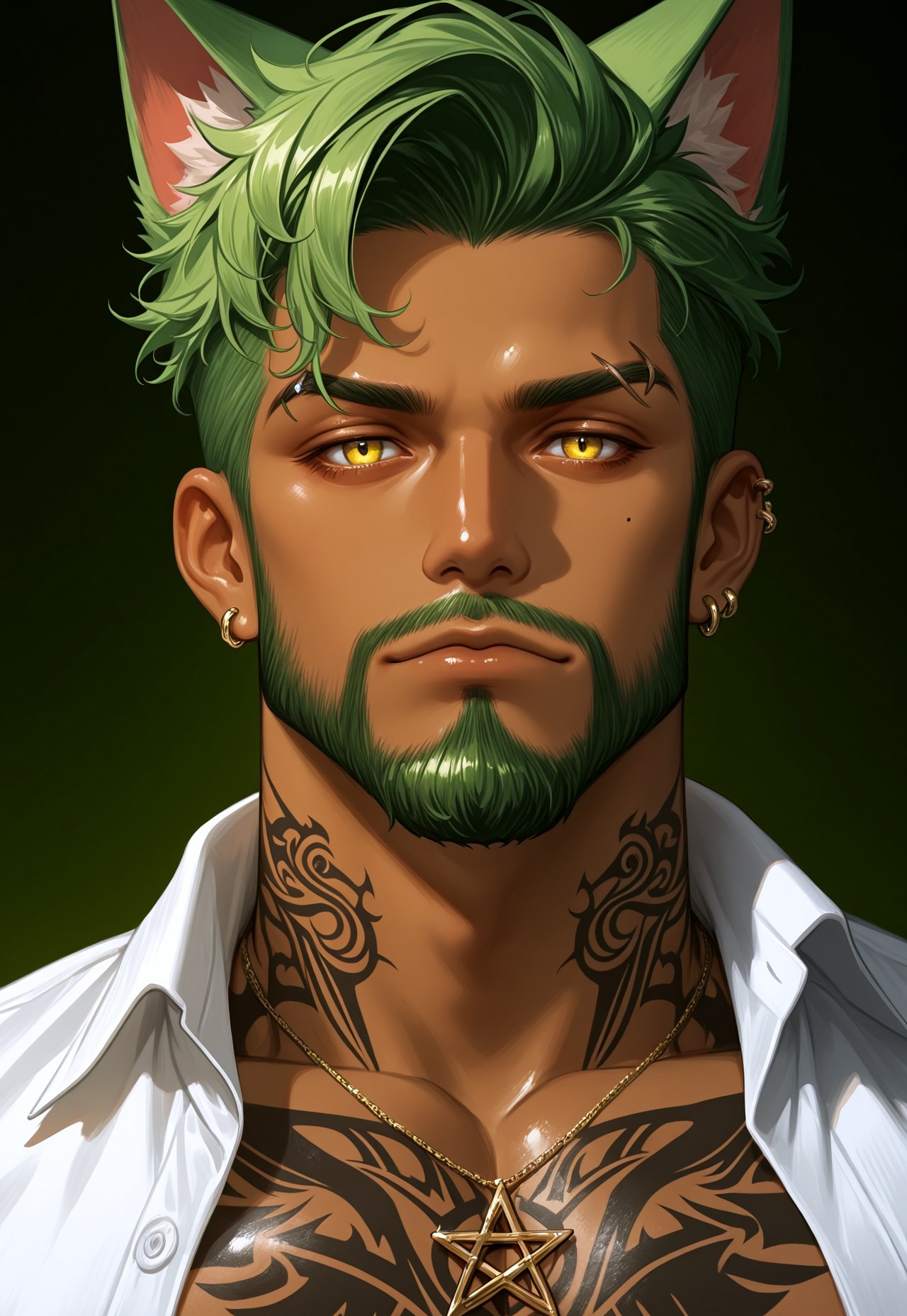 masterpiece, very aesthetic, F4UXM3D14, 1boy, animal ears, male focus, jewelry, facial hair, solo, tattoo, earrings, necklace, dark-skinned male, green hair, neck tattoo, cat ears, yellow eyes, dark skin, cat boy, beard, piercing, portrait, looking at viewer, eyebrow cut, shirt, mature male, short hair, ear piercing, chest tattoo, mole, white shirt, pectorals, collared shirt, painterly, traditional media, gouache, oil paint, painting, faux traditional media