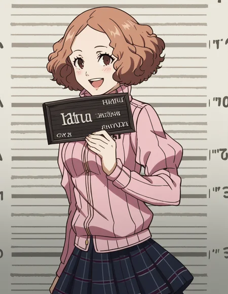 score_9, score_8_up, score_7_up, source_anime, <lora:haru-okumura-s1-ponyxl-lora-nochekaiser:1>, haru okumura, brown eyes, brown hair, short hair, medium breasts, anime screencap, layered sleeves, long sleeves, pantyhose, pink sweater, plaid, plaid skirt, pleated skirt, print pantyhose, ribbed sweater, school uniform, short over long sleeves, shuujin academy school uniform, skirt, sweater, white pantyhose,, jetty, water, boats, dock, narrow, , <lora:ken-mugshot-ponyxl-lora-nochekaiser:1> barbie mugshot, barbie mugshot (meme) height mark, holding sign, nameplate, height chart, sign, meme, smile, open mouth, teeth, blush, cowboy shot, looking at viewer, solo,, dutch angle, cowboy shot