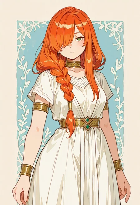 1girl, solo, looking at viewer,
flamme \(frieren beyond journey's end\),
braided ponytail, orange hair, long hair, green eyes, hair over one eye,
ancient greek clothes, white dress, neck ring, short sleeves, bracelet, armlet, long dress,
standing,

pink, white, blue,
painted_background,

Kenorland, kenorland, artist:moriimee, 748cmstyle, Bl3th3bn3_Styl3_SKNSFW,