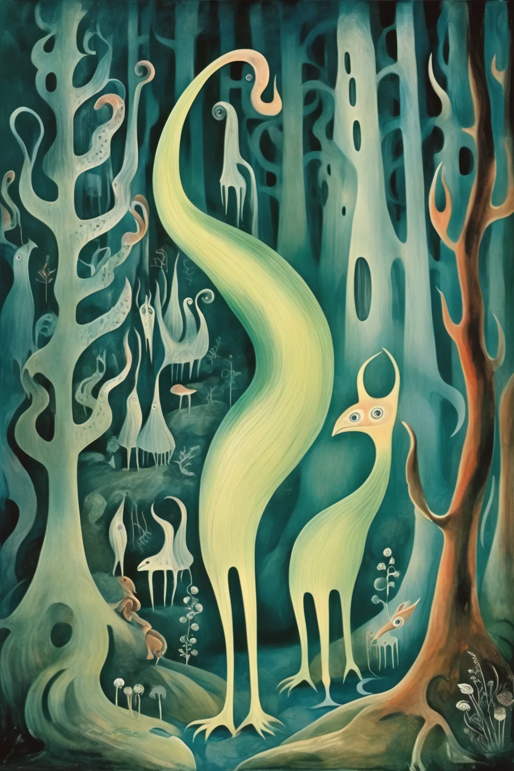<lora:Tove Jansson Style:1>Tove Jansson Style - biomorphic creature in the enchanted forest