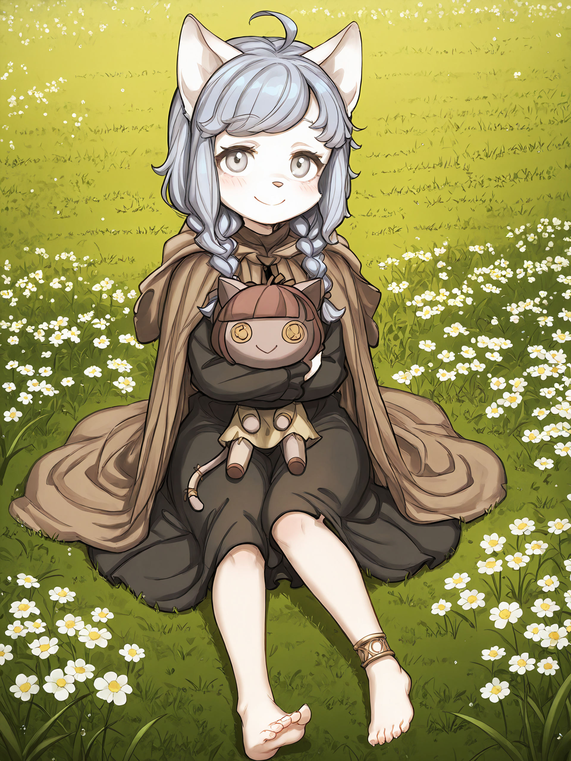 BREAK, <lora:Sheena_Falafel:1>, Sheena Falafel, Fuga: Melodies of Steel, kemono, furry female, young female, 1girl, cat girl, white fur, grey eyes, pastel blue hair, long hair, ahoge, bangs, sidelocks, animal ears, cat ears, animal nose, pink nose, Fuga 1 appearance, twin braids,
BREAK, Fuga 1 Outfit, barefoot, braided anklet, claws, black dress, brown cloak,
BREAK, Bleuette, Bleuette doll, character doll, stuffed cat, holding doll, holding object,
BREAK, solo, full body, looking at viewer, sitting on ground, smile, blush, outside, grass, flowers
