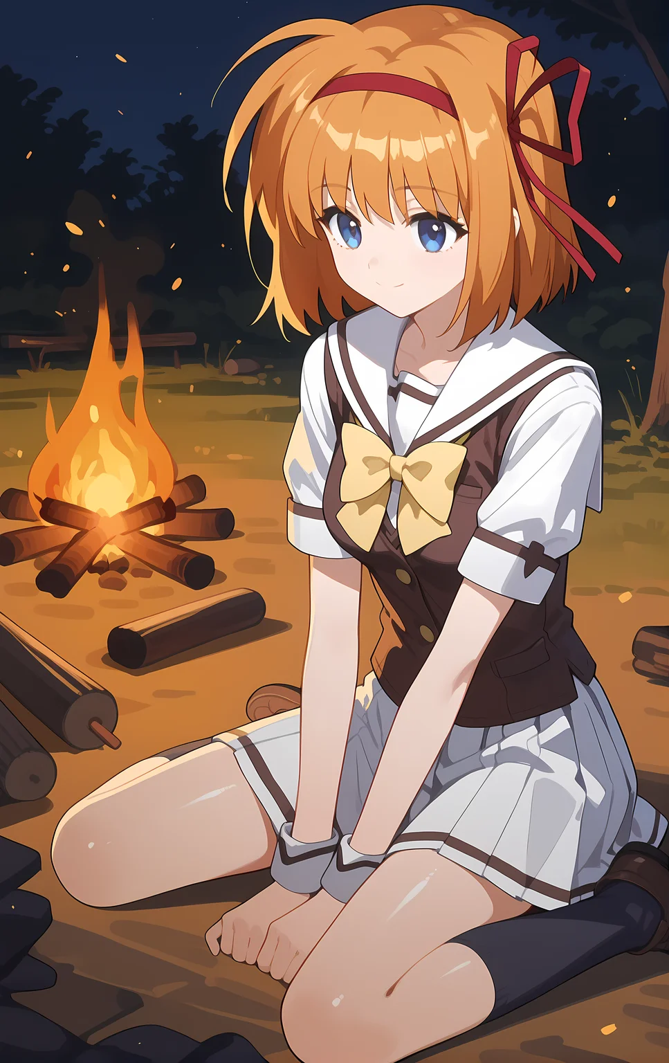 (score_9,score_8_up,score_7_up),light smile, shiny skin,ohwx, 1girl, solo, ribbon, red_ribbon, red_hairband, hair_ribbon, blue_eyes, orange_hair, short_hair, hairband, breasts,school_uniform, bow, yellow_bow, white_sailor_collar, serafuku, white_skirt, yellow_bowtie, vest, bowtie, kneehighs, socks, outdoors, campfire,<lora:kaede_fuyou_pony_sobsynapse-000003:1>