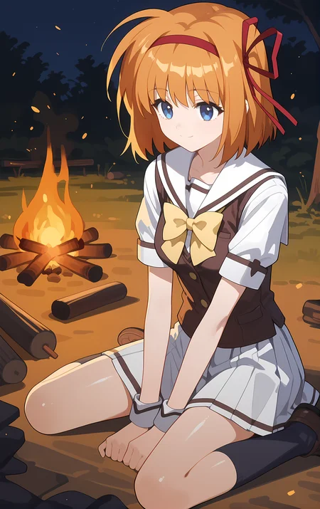 (score_9,score_8_up,score_7_up),light smile, shiny skin,ohwx, 1girl, solo, ribbon, red_ribbon, red_hairband, hair_ribbon, blue_eyes, orange_hair, short_hair, hairband, breasts,school_uniform, bow, yellow_bow, white_sailor_collar, serafuku, white_skirt, yellow_bowtie, vest, bowtie, kneehighs, socks, outdoors, campfire,<lora:kaede_fuyou_pony_sobsynapse-000003:1>