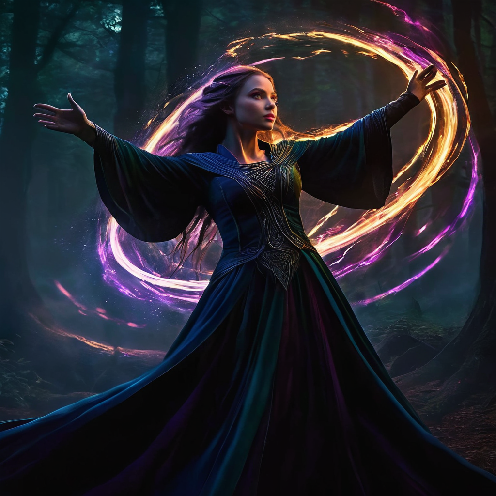 A female elven warlock stands in an ancient forest her arms outstretched as she strains to control the magic she has summoned, a swirling vortex of rainbow colored light. (loosely braided brown hair), (bare midriff), The air is thick with anticipation, the world around her responding to the surge of energy emanating from her hands. Deep within the forest, shadows cling to tree trunks, their darkness punctuated by the ethereal light of the magic. The warlock's pose is deliberate and powerful, every muscle tense with focus as she maintains control over the chaotic vortex. The digital painting captures every minute detail: the lifelike textures of her robes, the magical light that accentuates her intense expression, and the intricate patterns that swirl around her like an otherworldly dance. The colors differences are striking, the bright magical light against the darkness of the forest at night, <lora:Dark Fantasy:1>Dark Fantasy - Gothic scene in a dark forest at night with pure black background with a horror atmosphere black shadows.