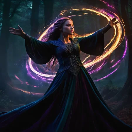 A female elven warlock stands in an ancient forest her arms outstretched as she strains to control the magic she has summoned, a swirling vortex of rainbow colored light. (loosely braided brown hair), (bare midriff), The air is thick with anticipation, the world around her responding to the surge of energy emanating from her hands. Deep within the forest, shadows cling to tree trunks, their darkness punctuated by the ethereal light of the magic. The warlock's pose is deliberate and powerful, every muscle tense with focus as she maintains control over the chaotic vortex. The digital painting captures every minute detail: the lifelike textures of her robes, the magical light that accentuates her intense expression, and the intricate patterns that swirl around her like an otherworldly dance. The colors differences are striking, the bright magical light against the darkness of the forest at night, <lora:Dark Fantasy:1>Dark Fantasy - Gothic scene in a dark forest at night with pure black background with a horror atmosphere black shadows.