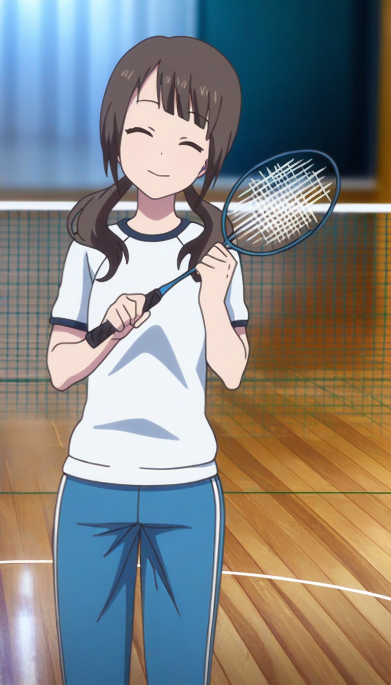 masterpiece,best quality,amazing quality,
<lora:sawaOkitaNAI:1>,sawa okita,
 1girl, solo, brown hair, bangs, twintails, gym uniform, blue athletic pants, cowboy shot, facing viewer, closed eyes, head tilt, holding a badminton racket over her shoulder, standing, indoors, badminton court, wooden floor, depth of field
