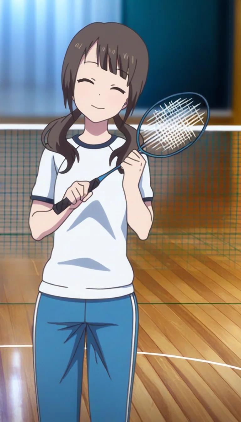 masterpiece,best quality,amazing quality,
<lora:sawaOkitaNAI:1>,sawa okita,
 1girl, solo, brown hair, bangs, twintails, gym uniform, blue athletic pants, cowboy shot, facing viewer, closed eyes, head tilt, holding a badminton racket over her shoulder, standing, indoors, badminton court, wooden floor, depth of field