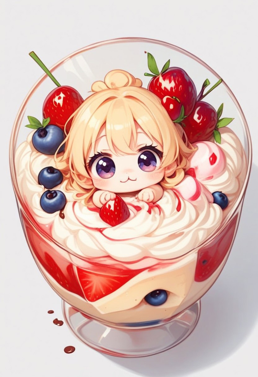 score_9, score_8_up, score_7_up, best quality, fine detail, 1girl, solo, cute, (milkshake chibi), chibi, in glass, chocolate, candies, syrup, whipped cream, rainbow sprinkles, from above, umbrella, strawberry, cherry, blueberry, hair ornament, (very detailed background), chocolate spilled on table, visually interesting, vivid colors, dark shadows, highest quality, Sticker
