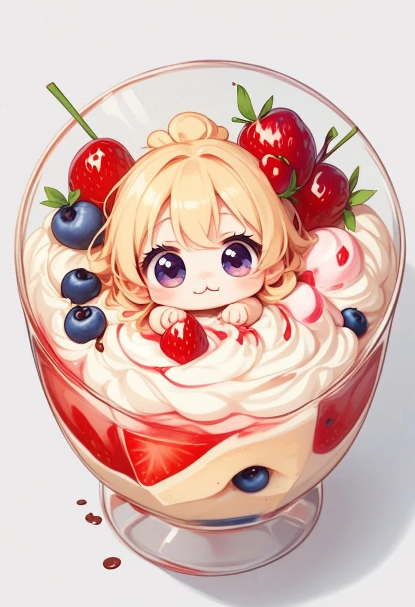 score_9, score_8_up, score_7_up, best quality, fine detail, 1girl, solo, cute, (milkshake chibi), chibi, in glass, chocolate, candies, syrup, whipped cream, rainbow sprinkles, from above, umbrella, strawberry, cherry, blueberry, hair ornament, (very detailed background), chocolate spilled on table, visually interesting, vivid colors, dark shadows, highest quality, Sticker