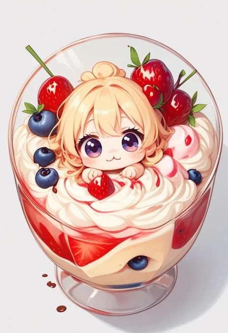 score_9, score_8_up, score_7_up, best quality, fine detail, 1girl, solo, cute, (milkshake chibi), chibi, in glass, chocolate, candies, syrup, whipped cream, rainbow sprinkles, from above, umbrella, strawberry, cherry, blueberry, hair ornament, (very detailed background), chocolate spilled on table, visually interesting, vivid colors, dark shadows, highest quality, Sticker