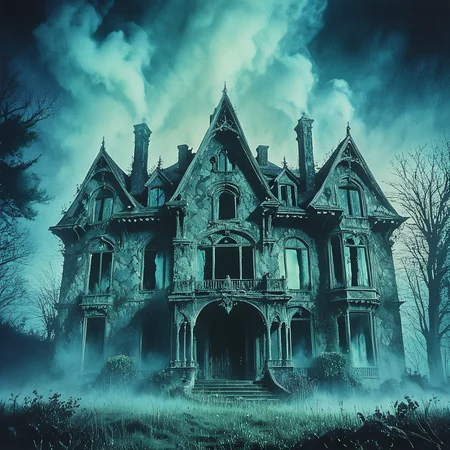 <lora:70s_Horror_MovieSDXL:1> ArsMovieStill, movie still from a 1970s horror movie, The image is a digital art piece that appears to be a photograph of an old abandoned mansion. The mansion is made of stone and has multiple levels with pointed roofs and chimneys. The windows are large and ornate with intricate details on the façade and walls. The house is surrounded by trees and shrubs and there is a fog or mist covering the ground. The sky is dark and cloudy and the overall mood of the image is eerie and mysterious. The image has a dreamy ethereal quality to it with a sense of mystery and intrigue., no humans, smoke, scenery, fog, tree, cloud, sky, outdoors, nature, cloudy sky