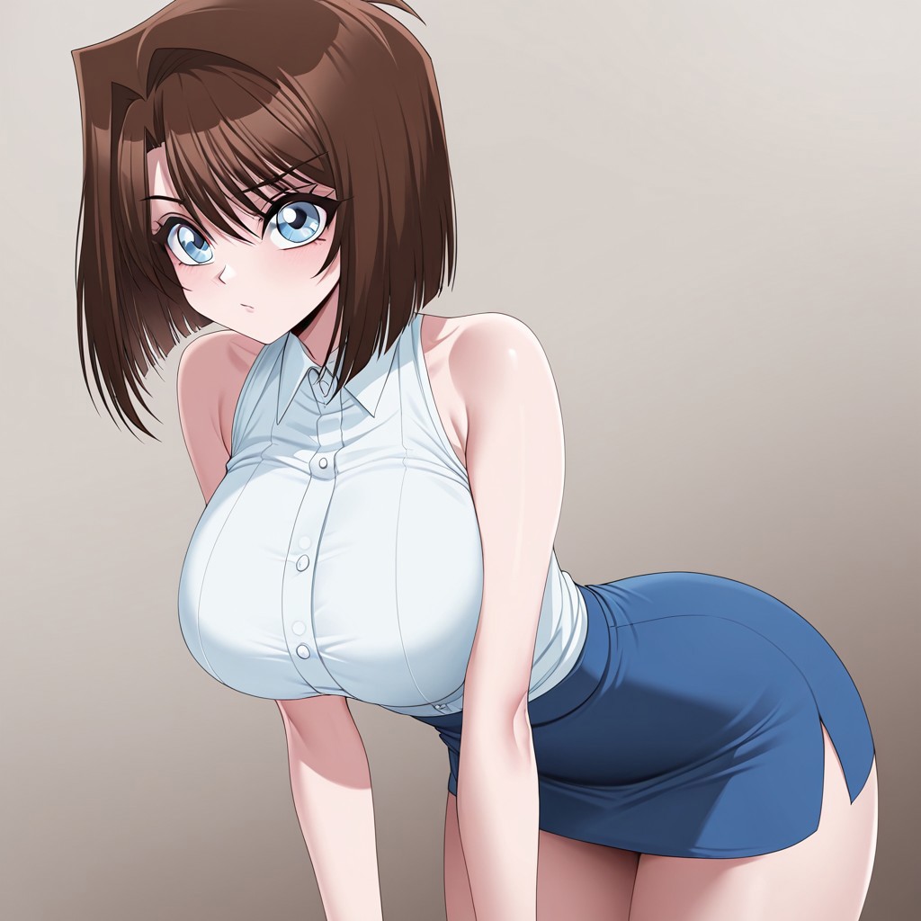 1girl, solo, Te@gurl, brown hair, blue eyes, sleeveless shirt, blue skirt, large breasts, bare shoulders